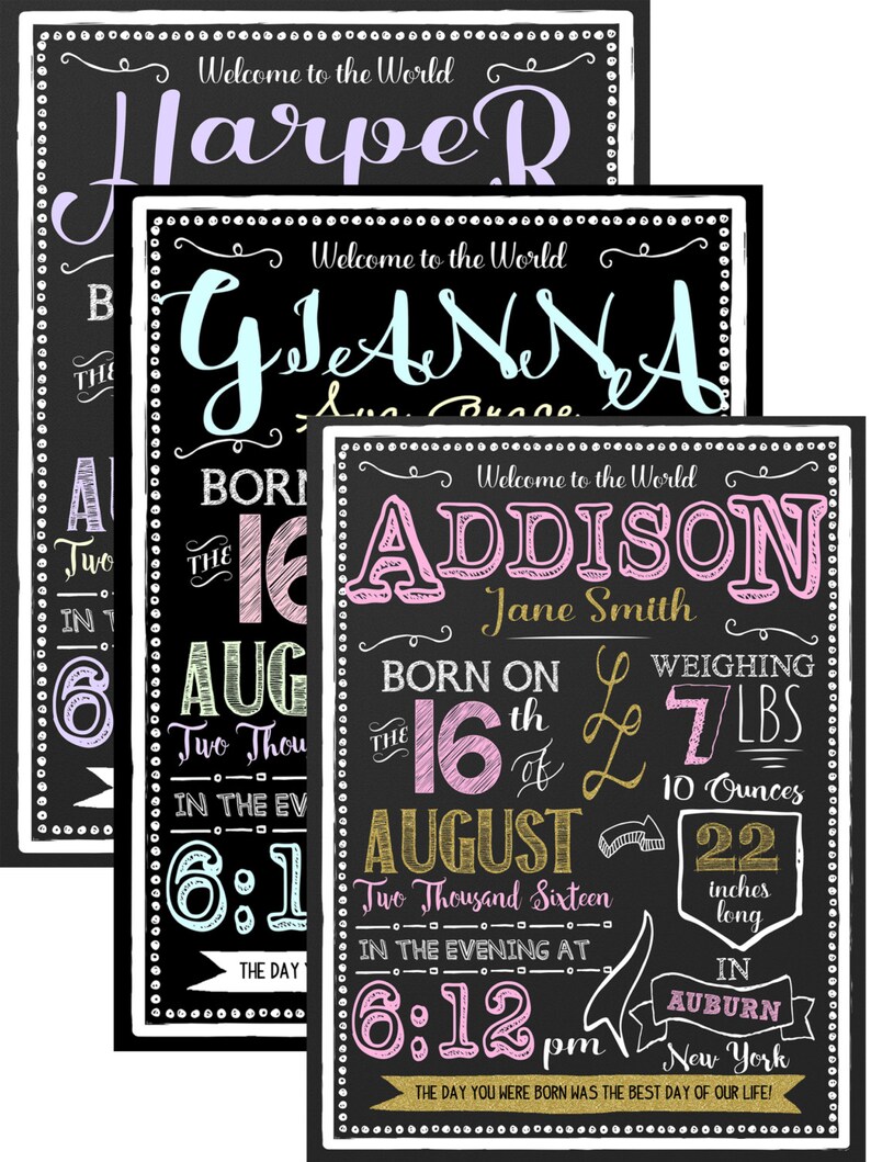 New baby girl announcement sign newborn photoshoot prop newborn chalkboard style sign layout BRHRDM01 babies stats sign chalkboard style