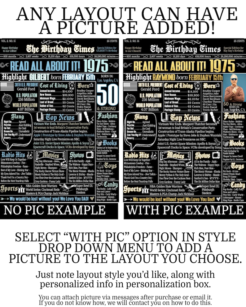 Poster Gift, Digital File
50th Birthday Newspaper Poster, 50th Birthday Gift for Him or Her, 50th Birthday Decorations, Gifts for Men, Gifts for Women, Back in 1975