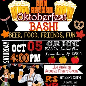 Puede incluir: Invitaci&oacute;n a la 5&ordf; edici&oacute;n anual de Oktoberfest Bash de John y Jamie, el 5 de octubre a las 4:00 PM. El evento se llevar&aacute; a cabo en 1238 Oktoberfest Ave, Somewhere, PA 15905. Habr&aacute; cerveza, comida, amigos, diversi&oacute;n y m&uacute;sica en vivo por Acoustic Fingers de 6:00 PM a 9:00 PM. RSVP antes del 28 de septiembre a Jamie al 555.555.1231. &iexcl;Ven con hambre y trae una silla para relajarte junto al fuego!