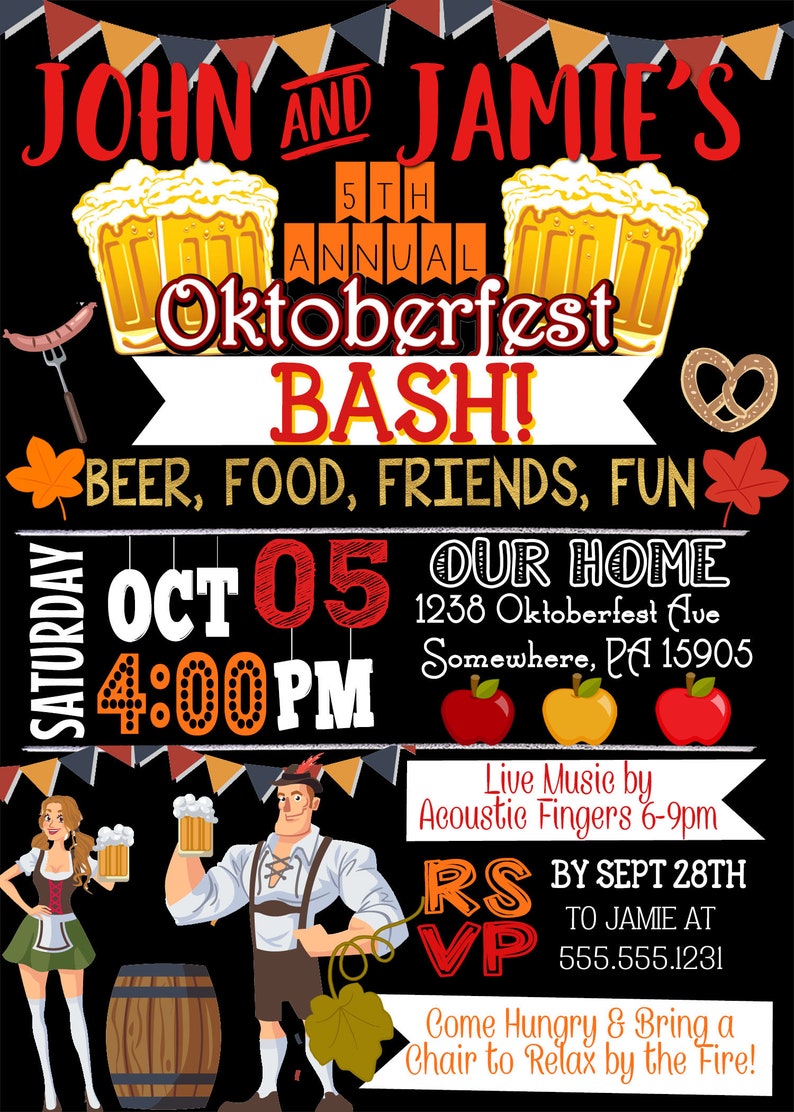 Puede incluir: Invitaci&oacute;n a la 5&ordf; edici&oacute;n anual de Oktoberfest Bash de John y Jamie, el 5 de octubre a las 4:00 PM. El evento se llevar&aacute; a cabo en 1238 Oktoberfest Ave, Somewhere, PA 15905. Habr&aacute; cerveza, comida, amigos, diversi&oacute;n y m&uacute;sica en vivo por Acoustic Fingers de 6:00 PM a 9:00 PM. RSVP antes del 28 de septiembre a Jamie al 555.555.1231. &iexcl;Ven con hambre y trae una silla para relajarte junto al fuego!