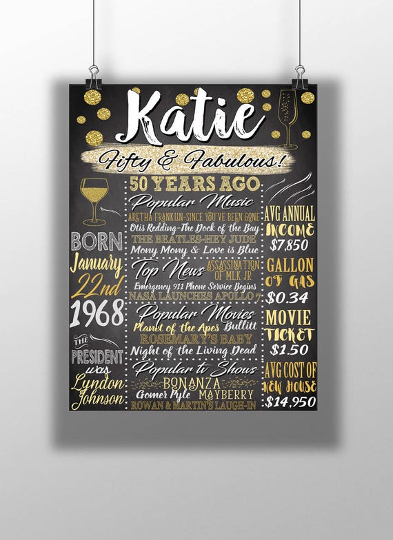 what happened in 1968 board 50th birthday gift for her 50th etsy