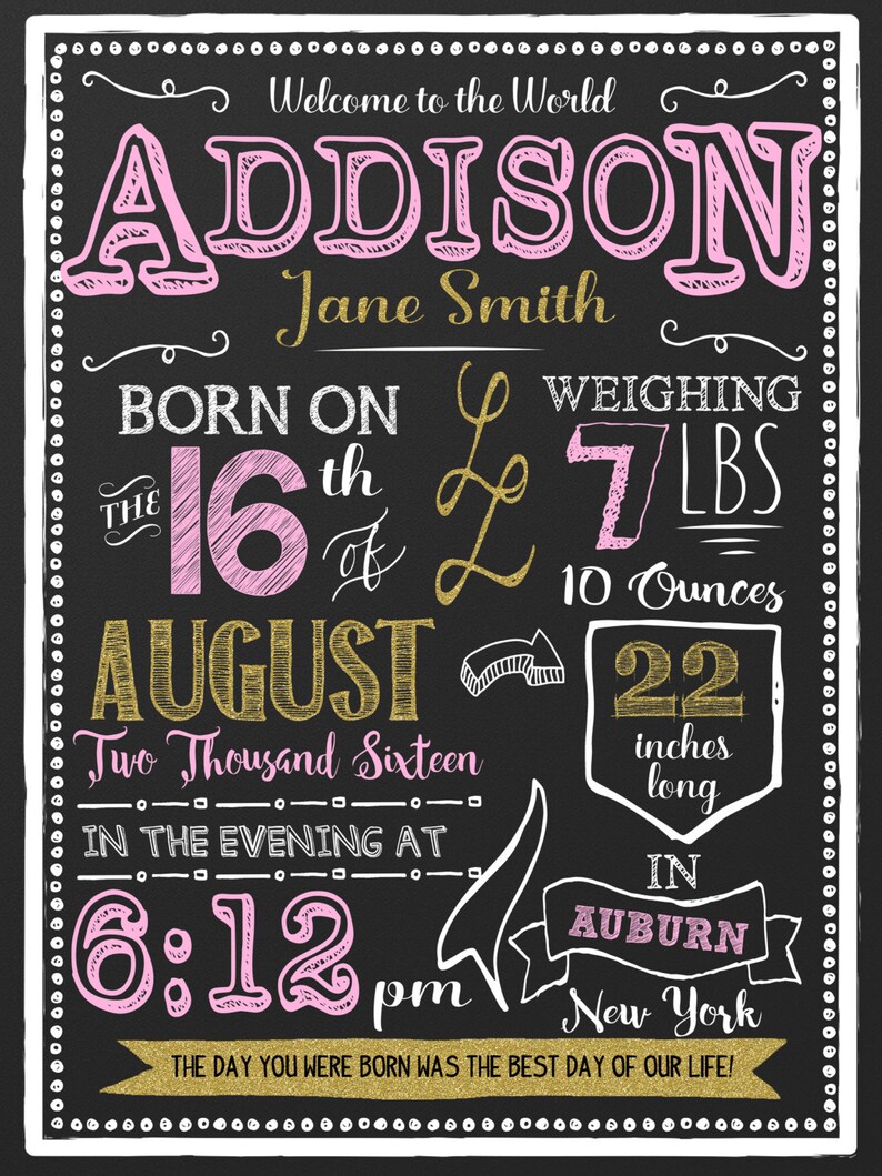New baby girl announcement sign newborn photoshoot prop newborn chalkboard style sign layout BRHRDM01 babies stats sign chalkboard style
