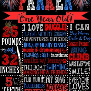 May include: A red, white, and blue chalkboard style sign with the name "Parker" and the text "One Year Old!"  The sign lists Parker's milestones, including 25 pounds, 32 inches, 5 teeth, and favorite foods and activities.  The sign is decorated with fireworks and stars.