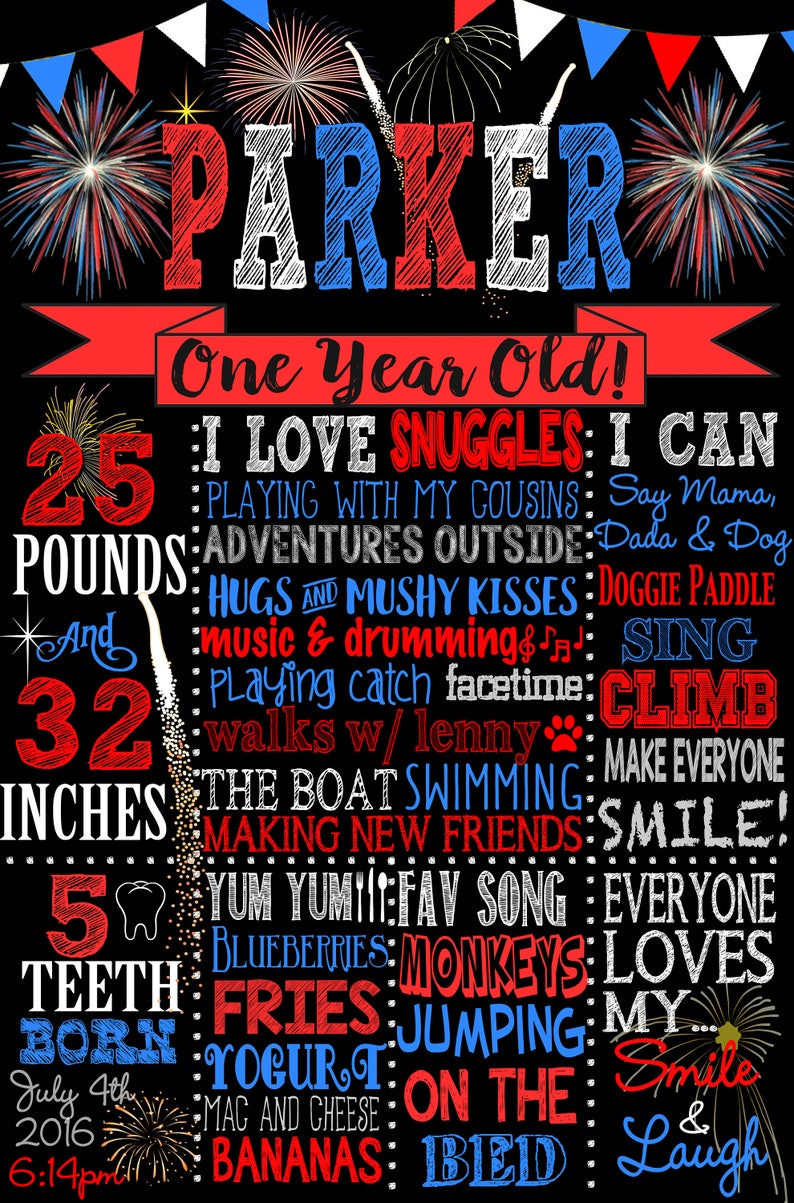 May include: A red, white, and blue chalkboard style sign with the name "Parker" and the text "One Year Old!"  The sign lists Parker's milestones, including 25 pounds, 32 inches, 5 teeth, and favorite foods and activities.  The sign is decorated with fireworks and stars.