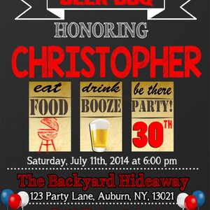 May include: A chalkboard style invitation for a 30th birthday party. The invitation is red, white, and blue and says "Join us for a Beer BBQ honoring Christopher. Eat food, drink booze, be there party! 30th. Saturday, July 11th, 2014 at 6:00 pm. The Backyard Hideaway. 123 Party Lane, Auburn, NY, 13021. RSVP by July 1 to Angel 555-555-5555 or asf@gmail.com"