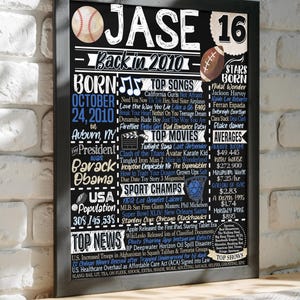 Ideas para decorar una fiesta de 16 años, letrero con datos curiosos de 2010, regalos para el 16.º cumpleaños de un hombre, dulces 16, letrero para un adolescente deportista.