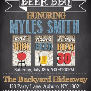 May include: A chalkboard style invitation for a 30th birthday party. The invitation is for a beer BBQ honoring Myles Smith. The party is on Saturday, July 18th from 5:00-11:00 PM at The Backyard Hideaway, 123 Party Lane, Auburn, NY, 13021. The RSVP number is 555.5555.5555. The invitation asks guests to bring a side dish to pass and BYOB.