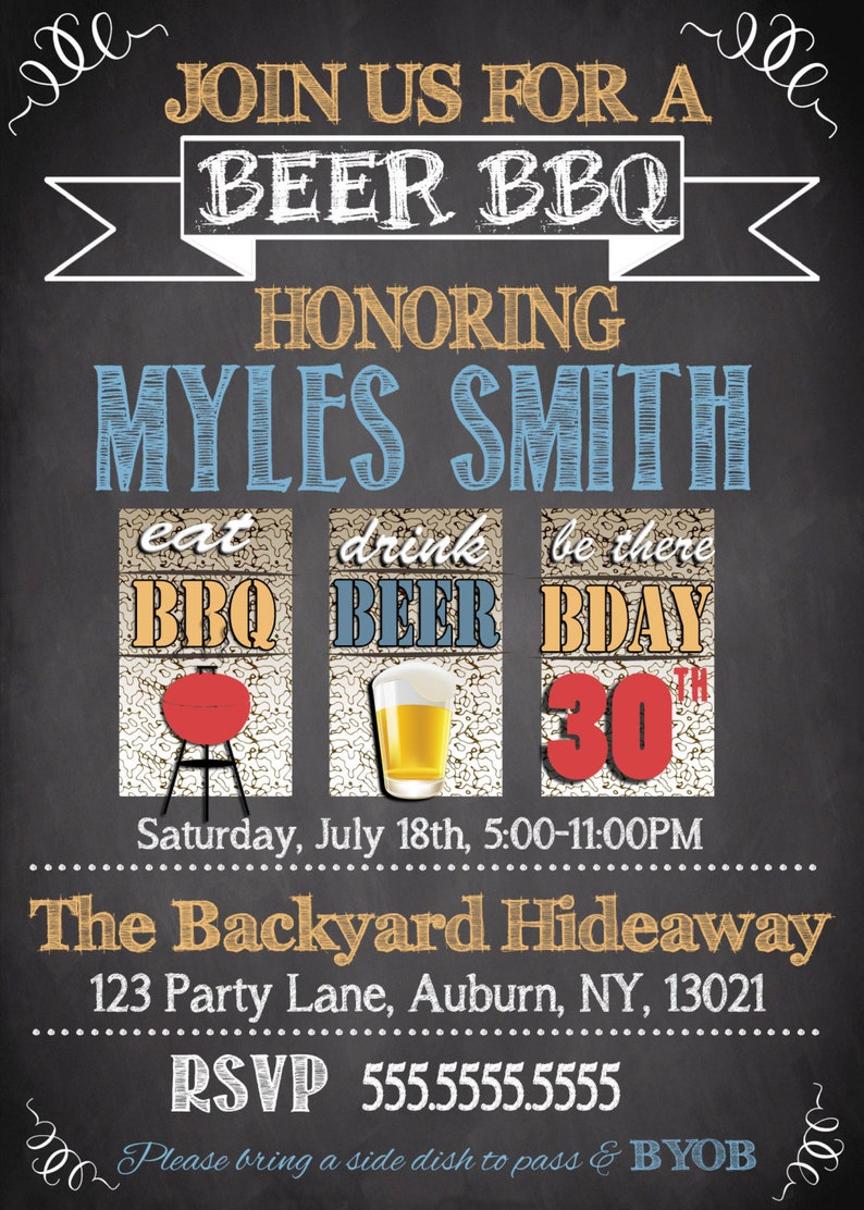 May include: A chalkboard style invitation for a 30th birthday party. The invitation is for a beer BBQ honoring Myles Smith. The party is on Saturday, July 18th from 5:00-11:00 PM at The Backyard Hideaway, 123 Party Lane, Auburn, NY, 13021. The RSVP number is 555.5555.5555. The invitation asks guests to bring a side dish to pass and BYOB.