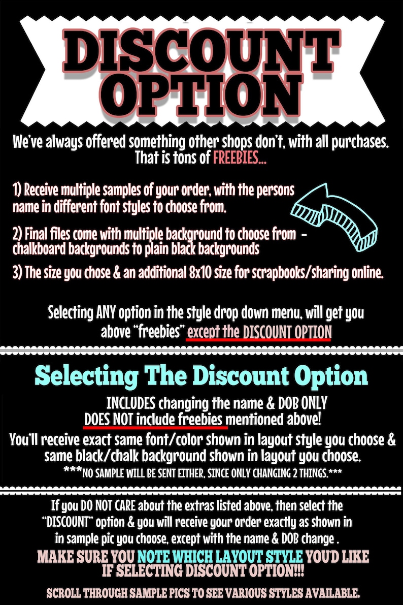 May include: Black and white text on a black background explaining the discount option for a personalized printable. The text includes the words "DISCOUNT OPTION" and "Selecting The Discount Option".