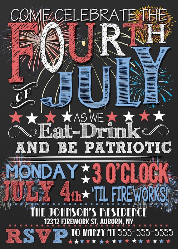4th of July invites, fourth of july invites, 4th of july party invites, firework red white and blue invitations, july 4th party INVAME04