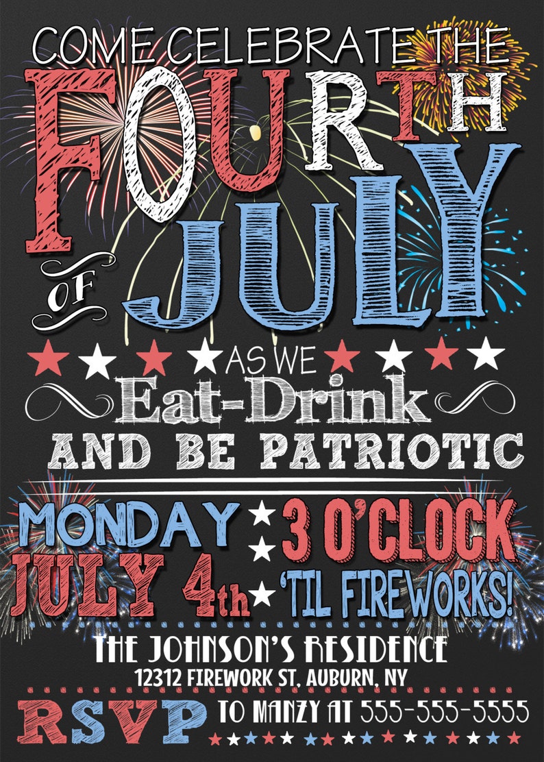 4 juli uitnodigingen, 4 juli uitnodigingen, 4 juli feestuitnodigingen, vuurwerk rood wit en blauw uitnodigingen, 4 juli feest INVAME04 Johnson Style