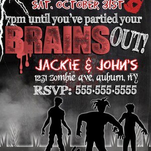 Modern zombie party invites, unique zombie halloween party invitations, zombie apocalypse invites, scary zombie halloween invites, INVHWN03 image 4