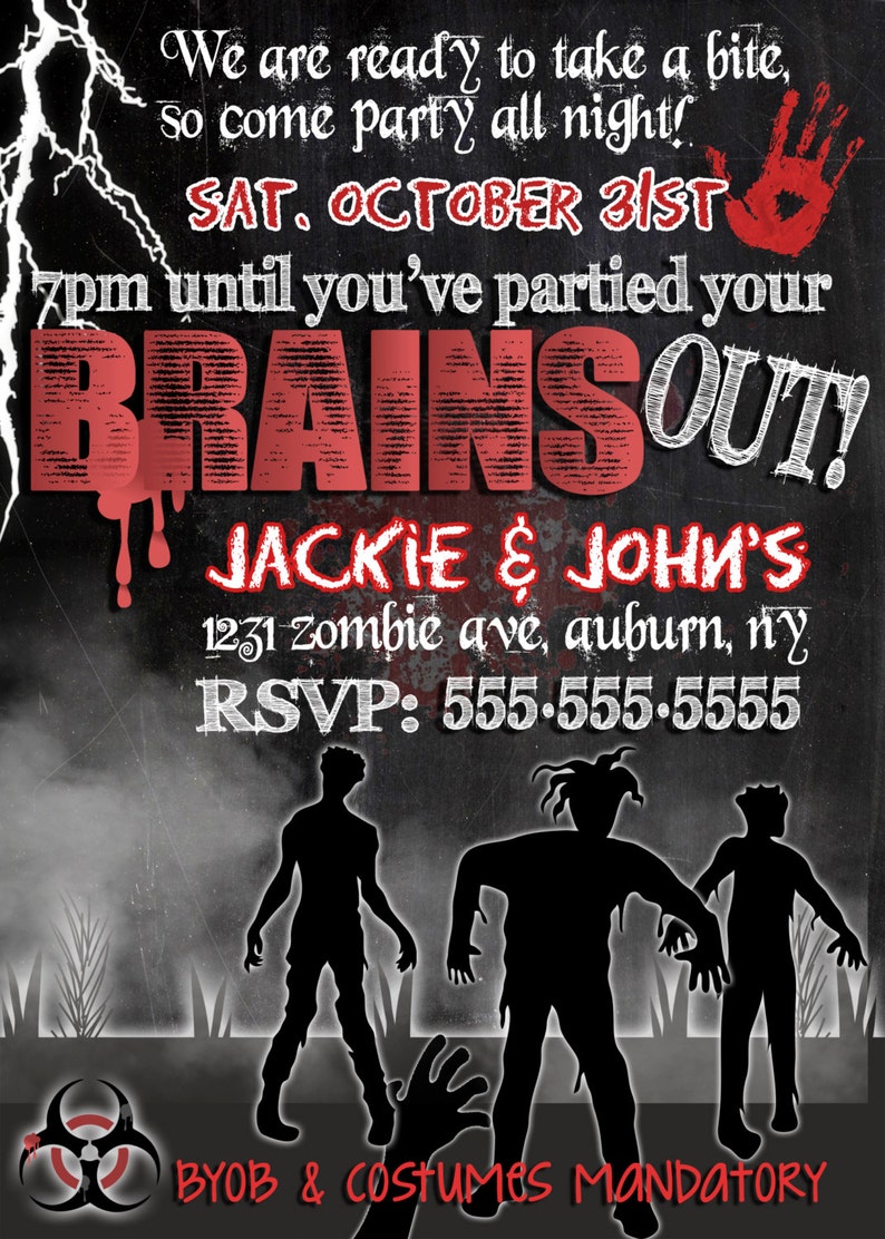 Modern zombie party invites, unique zombie halloween party invitations, zombie apocalypse invites, scary zombie halloween invites, INVHWN03 image 4