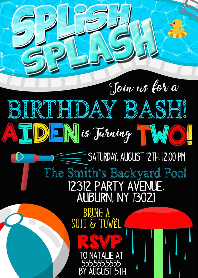 Splish Splash birthday invitation, pool party invite, pool party birthday bash invitation, waterpark birthday invite, splash park, INVSUM01 image 2