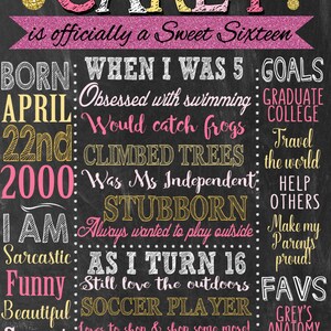 Sweet 16 Birthday Board Poster Custom for any age gender, unique 16th birthday party decor signs, Chalkboard style birthday board sixteen image 2