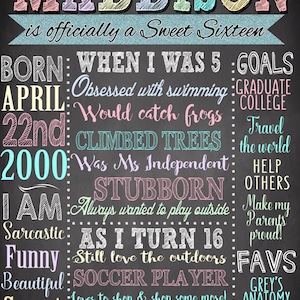 Sweet 16 Birthday Board Poster Custom for any age gender, unique 16th birthday party decor signs, Chalkboard style birthday board sixteen image 4