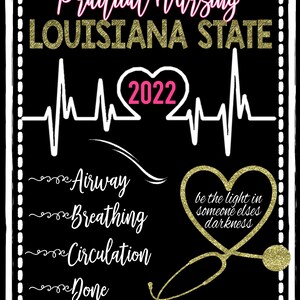 May include: A black and white graphic with gold glitter accents. The text reads "MCKENZIE Practical Nursing LOUISIANA STATE 2022". A heart beat graphic is below the text with a pink heart in the center. The text "Airway Breathing Circulation Done" is listed below the heart beat graphic. A gold glitter heart with the text "be the light in someone elses darkness" is on the right side of the graphic. A gold glitter stethoscope is below the heart. The text "I COULD SAY THAT NURSING SCHOOL WAS EASY BUT...THAT WOULD BE A-FIB" is at the bottom of the graphic.