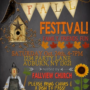 May include: An invitation for an annual fall festival with text that reads "Please Join Us For Our Annual Fall Festival!" The image includes a crow, a birdhouse, pumpkins, and a scarecrow.