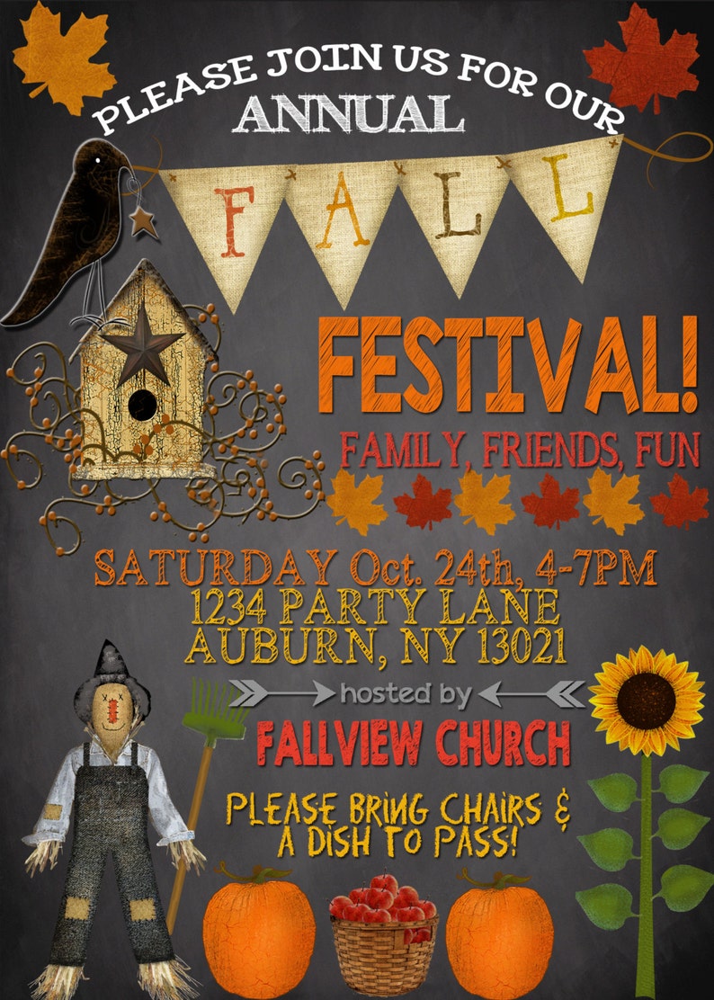 May include: An invitation for an annual fall festival with text that reads "Please Join Us For Our Annual Fall Festival!" The image includes a crow, a birdhouse, pumpkins, and a scarecrow.