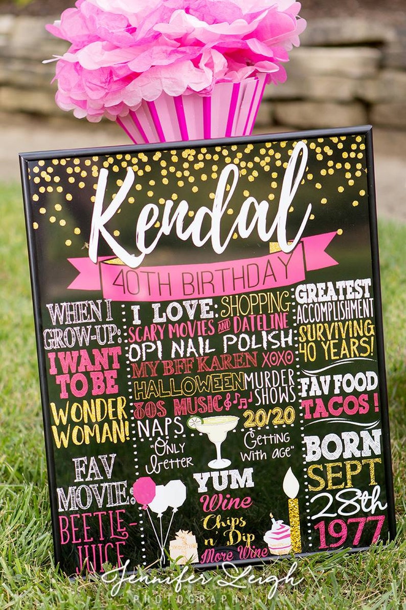 Puede incluir: Un letrero negro de pizarra con detalles de purpurina dorada y letras rosa y blancas. El letrero dice "Kendal 40th Birthday" y enumera las cosas que le gustan a la persona, lo que quiere ser y sus cosas favoritas. El letrero tambi&eacute;n incluye la fecha "Sept 28th 1977".