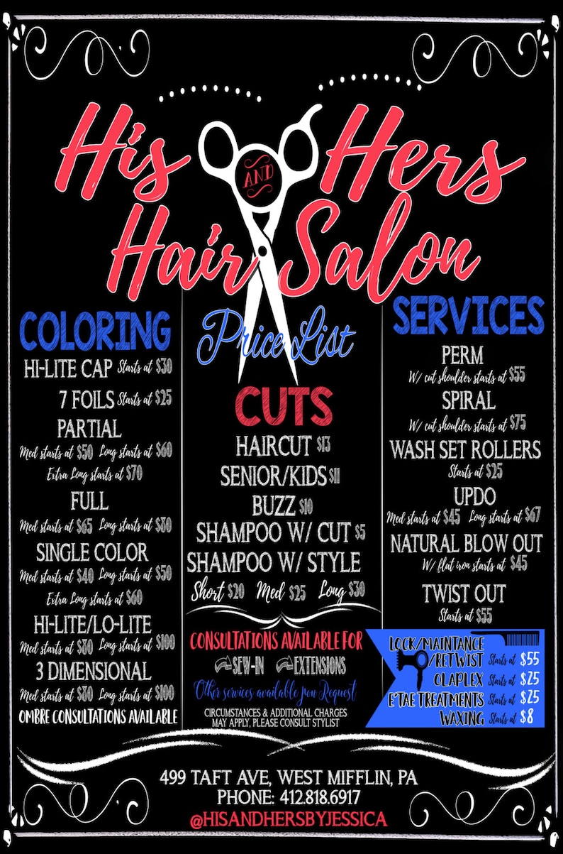 Hair Salon Menu Hair Salon Chalkboard Style Beauty Salon Etsy