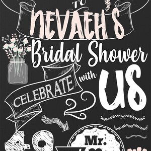Puede incluir: Un letrero de pizarra con texto blanco que dice "Bienvenido al Shower de Novia de Nevaeh Celebre con nosotros 49 D&iacute;as antes de la Boda de Mr. y Mrs.". El letrero est&aacute; decorado con flores, cintas y corazones.