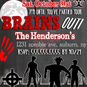 Modern zombie party invites, unique zombie halloween party invitations, zombie apocalypse invites, scary zombie halloween invites, INVHWN03 image 3