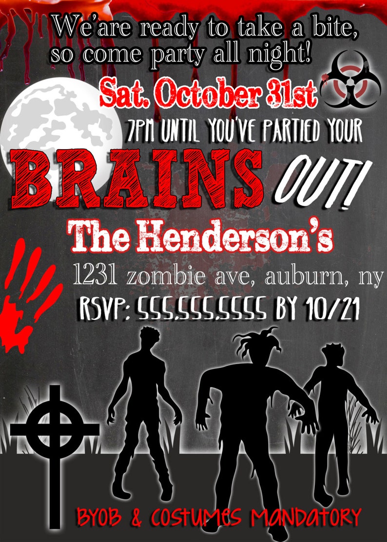 Modern zombie party invites, unique zombie halloween party invitations, zombie apocalypse invites, scary zombie halloween invites, INVHWN03 image 3