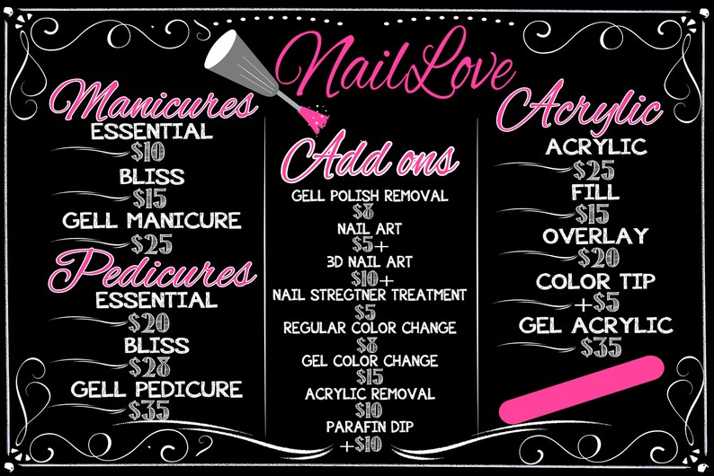 Manicure Price List Pedicure Menu Nail Salon Business Menu Etsy