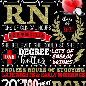 May include: A black and gold graphic with the text "ANGELICA RN" in red and gold glitter. The graphic also includes a graduation cap, a stethoscope, a heart, and the text "class of 2023". The text "TONS OF CLINICAL HOURS, MISSISSIPPI DELTA COLLEGE" is also included. The graphic also includes the text "SHE BELIEVED SHE COULD SO SHE DID ONE DEGREE: LOTS OF ENERGY DRINKS ENDLESS HOURS OF STUDYING LATE NIGHTS & EARLY MORNINGS 20:100:NEXT MONTHS many STOP OF SCHOOL: exams: BSN SHE BELIVES SHE CAN SO SHE WILL".
