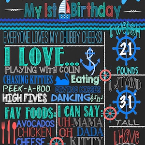 May include: A chalkboard-style birthday sign for a child named Miles. The sign includes the text "My 1st Birthday", a weight of 9.5 kg, and a height of 79 cm. It also lists favorite foods and things the child loves.