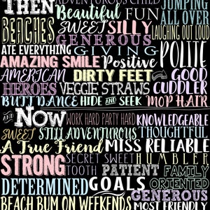 May include: A black and white printable poster with the text "In honor of your 21st birthday" at the top. The poster lists 21 things the person was like when they were younger and 21 things they are like now. The words are in different colors, including pink, blue, yellow, and green.