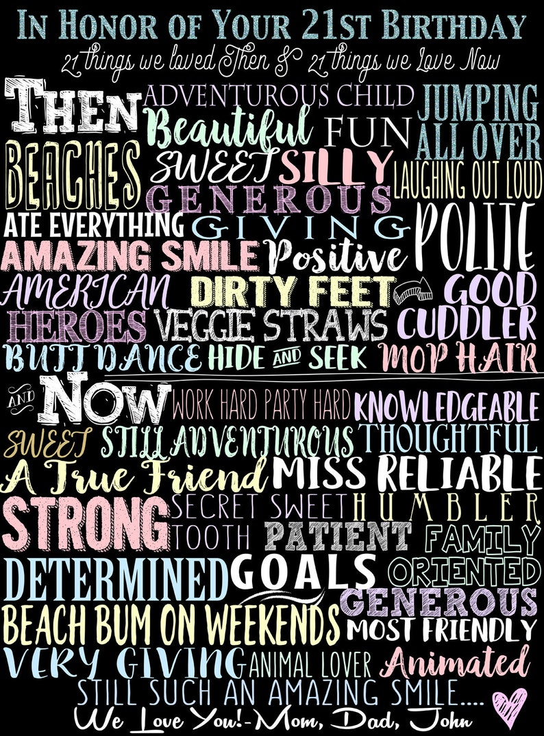 May include: A black and white printable poster with the text "In honor of your 21st birthday" at the top. The poster lists 21 things the person was like when they were younger and 21 things they are like now. The words are in different colors, including pink, blue, yellow, and green.