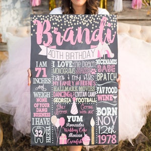 Puede incluir: Un letrero de pizarra negra con detalles de purpurina dorada y letras rosas. El letrero dice "Brandi 40th Birthday" e incluye detalles sobre la persona que cumple a&ntilde;os, como su altura, peso, comidas favoritas y fecha de nacimiento.