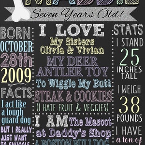 May include: A chalkboard sign with the name Maddie and details about her 7th birthday. It includes her birthdate, height, weight, and favorite things. The sign is decorated with a bone, paw print, and colorful bunting.