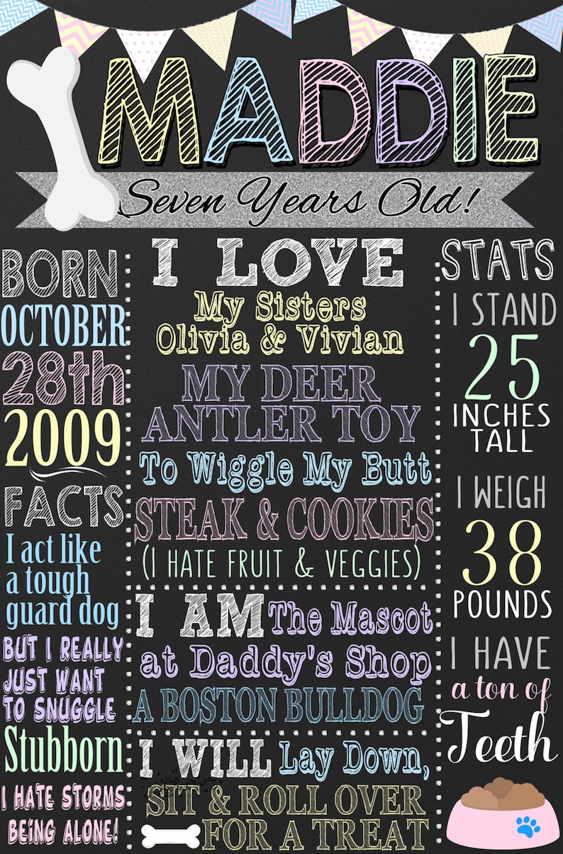 May include: A chalkboard sign with the name Maddie and details about her 7th birthday. It includes her birthdate, height, weight, and favorite things. The sign is decorated with a bone, paw print, and colorful bunting.