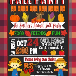 Puede incluir: Una invitaci&oacute;n a una fiesta de oto&ntilde;o con un fondo de pizarra. La invitaci&oacute;n presenta un patr&oacute;n de cuadros rojo y negro, una ardilla, calabazas, ma&iacute;z y espantap&aacute;jaros. El texto dice "Fiesta de oto&ntilde;o", "Esperamos que puedas unirte a nosotros", "La fiesta de oto&ntilde;o anual de los Smither", "Comida Amigos Diversi&oacute;n", "Oct 24", "6:00 PM", "Nuestro hogar", "1231 Fall Party St", "Cantonment, FL", "Por favor, traiga sus propias sillas", "RSVP", "Para el 10 de octubre", "A Patrice", "555.5555.5555", y "Traiga su propia bebida".