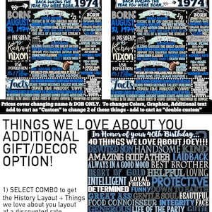 May include: A blue and white printable poster with the text "Things We Love About You" and a list of 40 positive attributes. The poster is designed for a 40th birthday celebration.