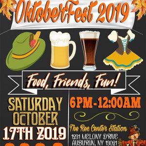 May include: A chalkboard style invitation for an Oktoberfest celebration. The invitation features a banner with the text "Oktoberfest 2019", a green hat, a beer stein, a glass of dark beer, a woman's dirndl, and the text "Food, Friends, Fun!" The invitation also includes the date and time of the event, the location, and an RSVP phone number.