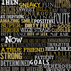 May include: A black and gold printable poster with the text "In honor of your 21st birthday" and a list of 21 things the person has done or is. The text is in a word cloud style with the words "sweet", "silly", "generous", "polite", "true friend", "reliable", "strong", "determined", "giving", and "amazing" highlighted in gold.