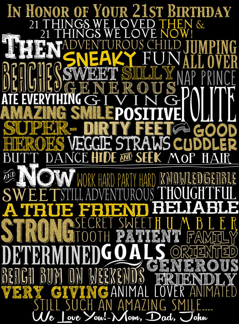 May include: A black and gold printable poster with the text "In honor of your 21st birthday" and a list of 21 things the person has done or is. The text is in a word cloud style with the words "sweet", "silly", "generous", "polite", "true friend", "reliable", "strong", "determined", "giving", and "amazing" highlighted in gold.