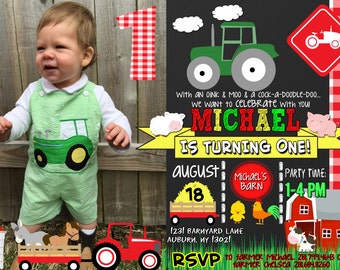 Old MacDonald farm birthday party invitations, farm birthday ideas, unique farm bday invites, green yellow boys birthday invite ID# INVFRM01