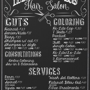 May include: Blackboard with white chalk writing listing prices for haircuts, coloring, and other hair salon services. The salon is called "His & Hers Hair Salon".