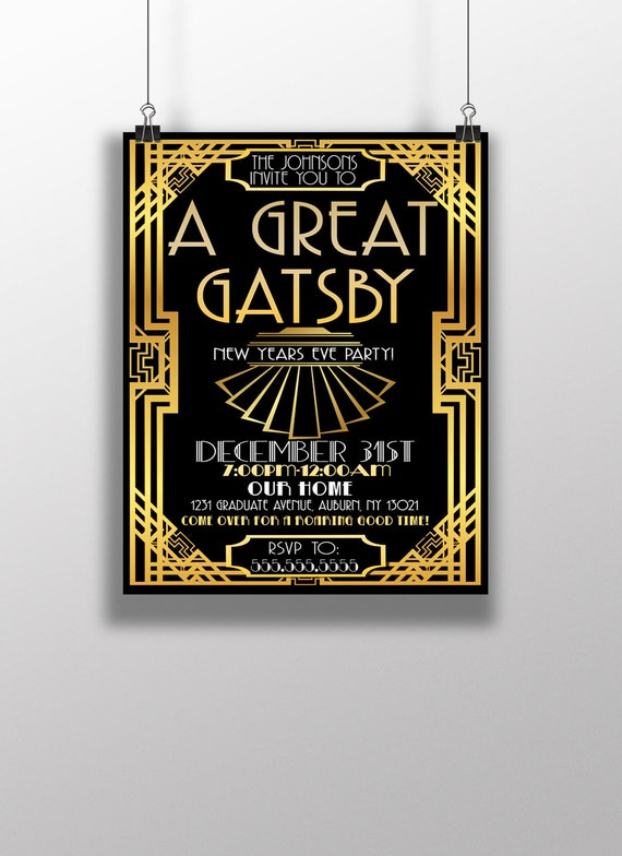 New Years Eve gatsby invitations, Great Gatsby party invites, cheers to a new year invitations, gold and black new years eve party INVGAT01