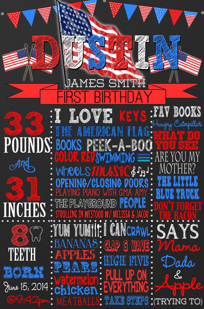 May include: A chalkboard style first birthday sign for a boy named Dustin. The sign is decorated with red, white, and blue colors and features a list of things Dustin loves to do, including playing piano, swimming, and eating watermelon. The sign also includes his age, weight, and height.