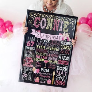 Puede incluir: Una pizarra negra con detalles de purpurina dorada y letras rosas. La pizarra dice "Connie 35th Birthday" y enumera datos sobre la persona que cumple a&ntilde;os, incluyendo su edad, altura, comidas favoritas y cumplea&ntilde;os.
