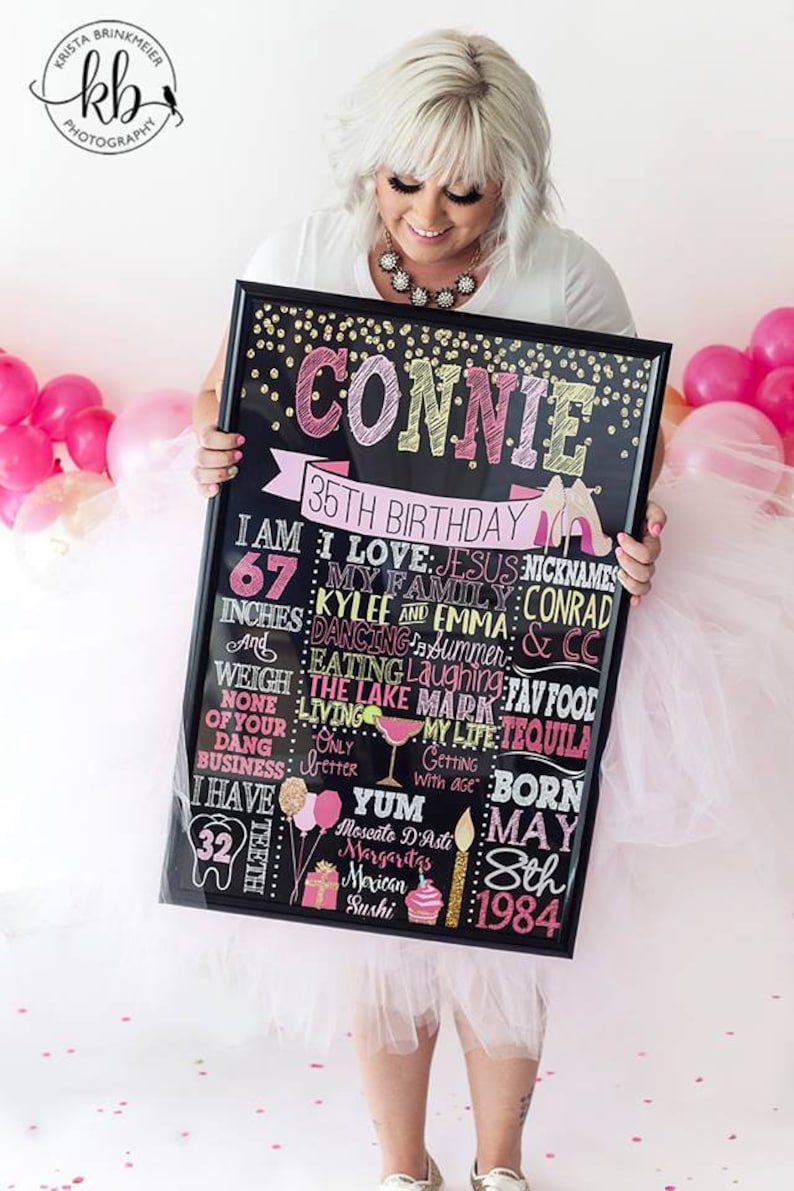 Puede incluir: Una pizarra negra con detalles de purpurina dorada y letras rosas. La pizarra dice "Connie 35th Birthday" y enumera datos sobre la persona que cumple a&ntilde;os, incluyendo su edad, altura, comidas favoritas y cumplea&ntilde;os.