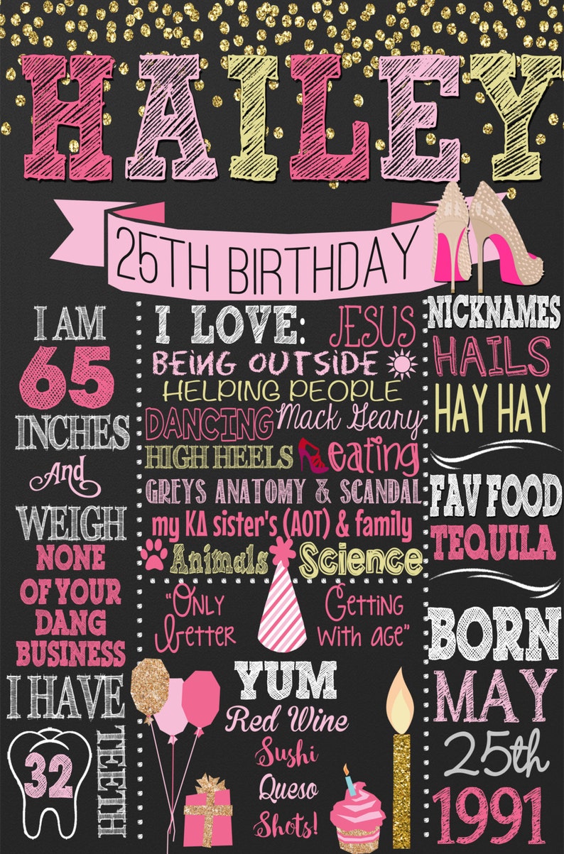 Puede incluir: Una pizarra negra con detalles de purpurina rosa y dorada. El texto "HAILEY 25TH BIRTHDAY" est&aacute; en la parte superior. La pizarra enumera datos sobre Hailey, incluyendo su altura, peso, comidas favoritas y aficiones. El texto "BORN MAY 25th 1991" est&aacute; en la parte inferior.