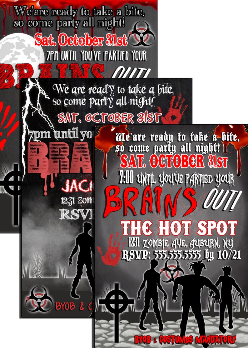 Modern zombie party invites, unique zombie halloween party invitations, zombie apocalypse invites, scary zombie halloween invites, INVHWN03 image 1