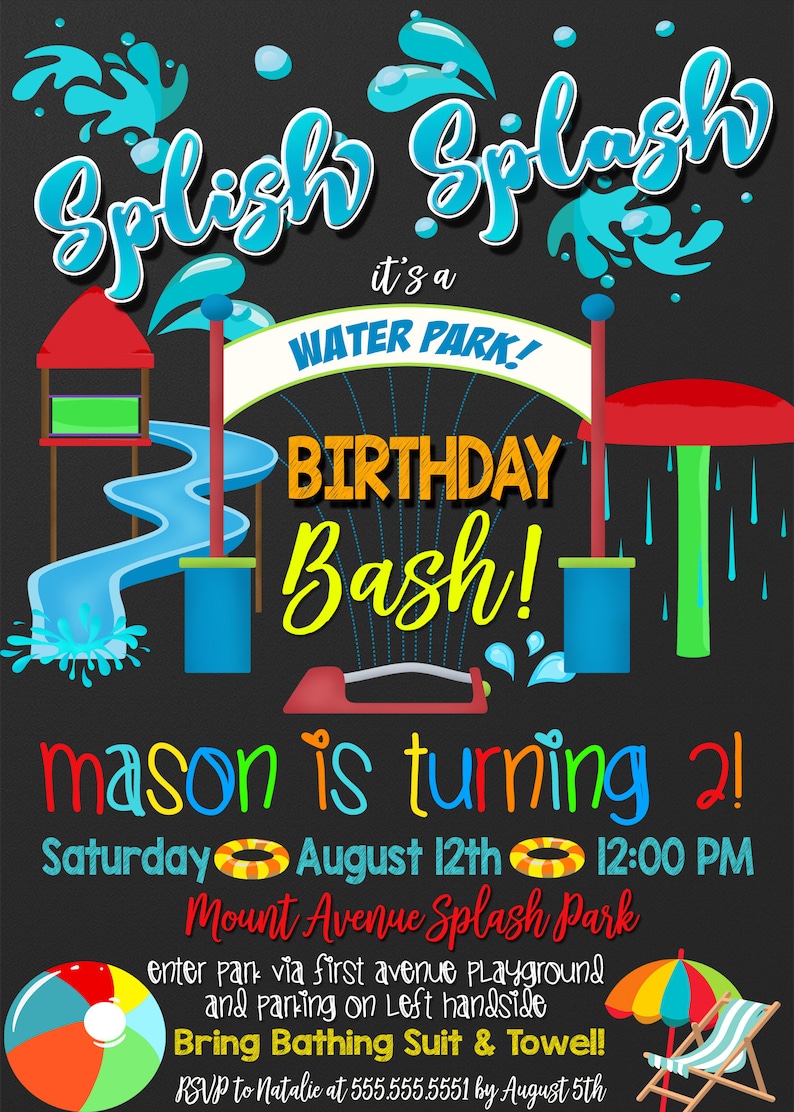 Splish Splash birthday invitation, pool party invite, pool party birthday bash invitation, waterpark birthday invite, splash park, INVSUM01 image 1